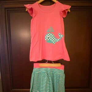 Kelly's Kids 2 pc set - pink swing top with green/white stripe skort